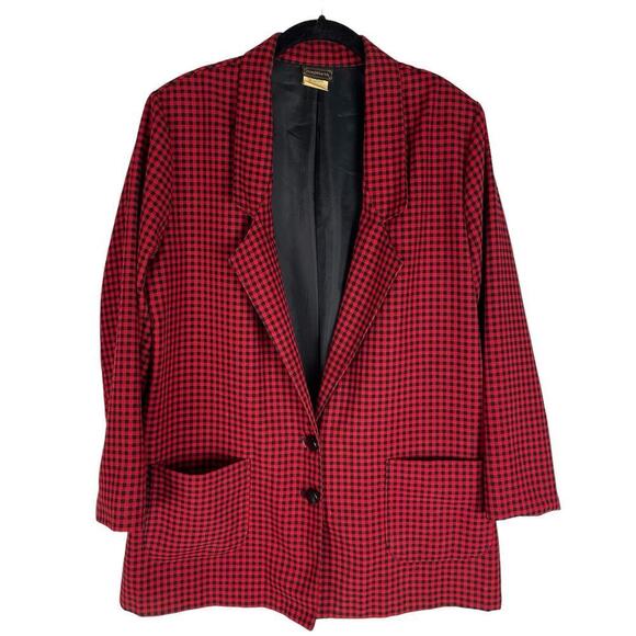 Vintage Bon Worth black red plaid two button blazer size large - Picture 1 of 7